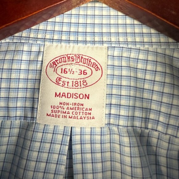 Brooks Brothers Shirt Mens 16.5 Madison Button Up Non Iron Blue White Check Cott - Picture 6 of 9